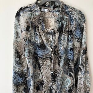 Zara - Blue Grey Sheer Blouse with Tie & Buttons - Romantic - Size Small